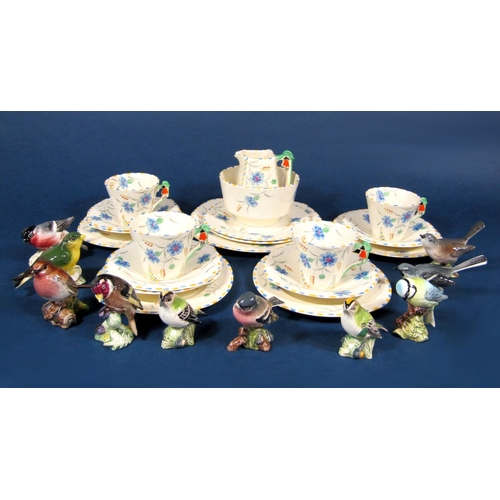 A collection of Burleighware Art Deco teawares with floral decoration and moulded handles comprising milk jug, sugar bowl, slop bowl, cake plate, four cups, six saucers, six tea plates, together with ten Beswick models of birds including chaffinch, bullfinch, goldfinch, etc (collection)