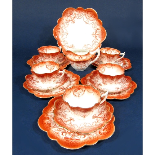 1028 - A collection of Foley China teawares in an orange colourway registered number 272764 comprising cake... 