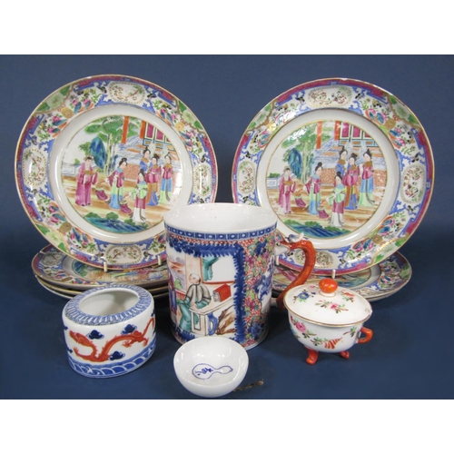 1050 - A set of seven 19th century Cantonese type plates with polychrome painted female character decoratio... 