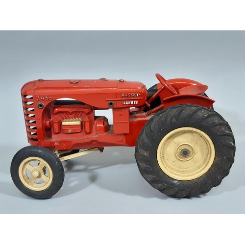 2 - Model tractor Massey Harris 745D by Lesney in bright red with rubber tyres. Length 20cm. CR: paintwo... 