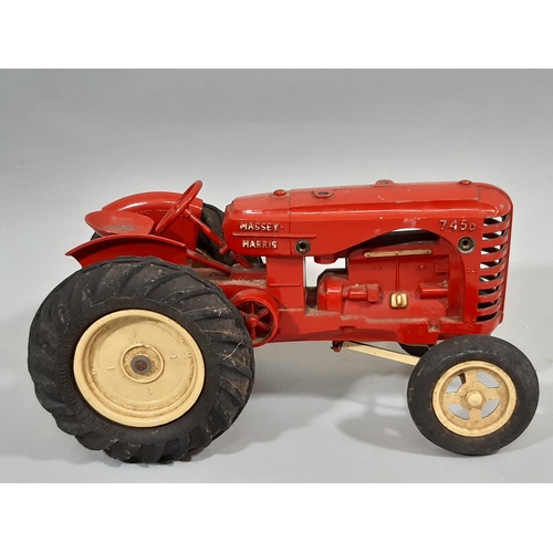 2 - Model tractor Massey Harris 745D by Lesney in bright red with rubber tyres. Length 20cm. CR: paintwo... 