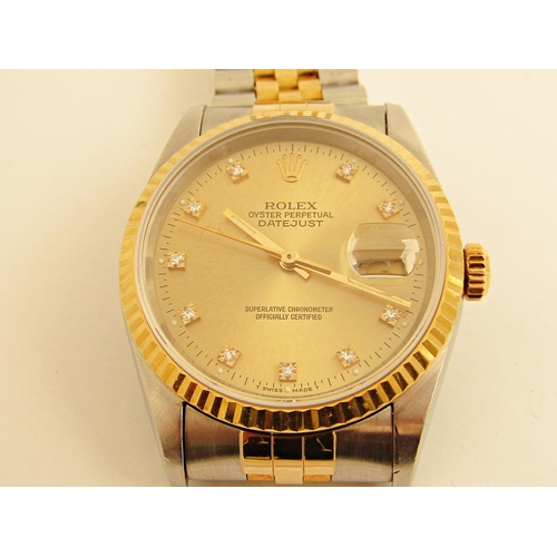 1451 - Vintage gent's bi metal Rolex Oyster Perpetual Datejust, the champagne dial with diamond markers and... 
