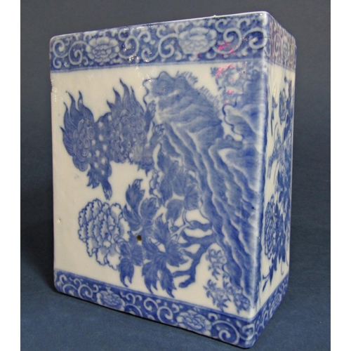 1053 - An oriental flower brick of four sided form with blue and white painted chrysanthemum decoration, 14... 