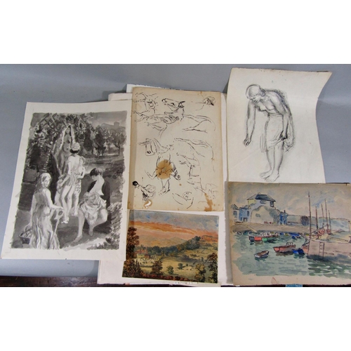353 - A folder containing a quantity of watercolours and drawings including landscape subjects, sepia colo... 