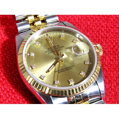1451 - Vintage gent's bi metal Rolex Oyster Perpetual Datejust, the champagne dial with diamond markers and... 
