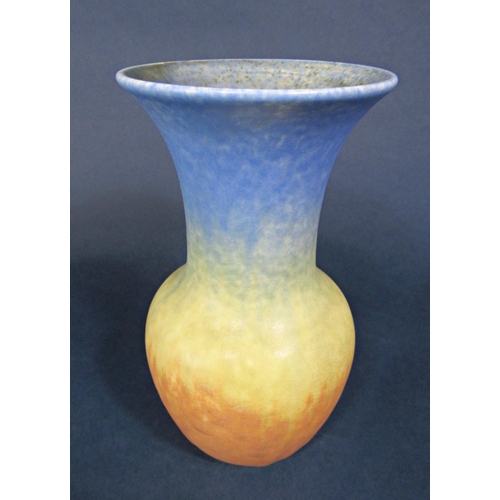 1024 - Ruskin Pottery vase with mottled and graduated matt glaze in blue, yellow and orange, with impressed... 