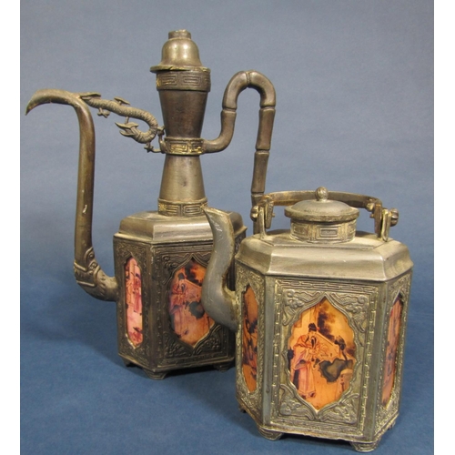 588 - Malaysian Malacca pewter ewer and teapot, each fitted with panels of figures, with Greek Key bands, ... 