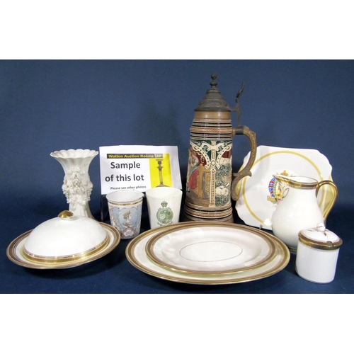 56 - A quantity of Cauldon white glazed dinner and teawares with gilt Greek key border decoration includi... 