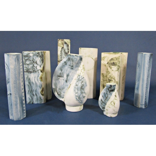 14 - A collection of eight Carn Pottery Cornish studio pottery vases, all signed and numbered by John Beu... 