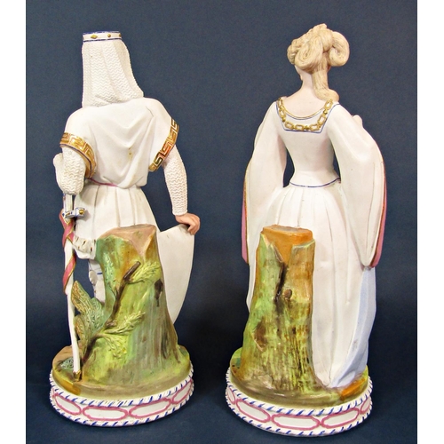 31 - A pair of 19th century continental bisque figures of medieval style male and female characters, he h... 