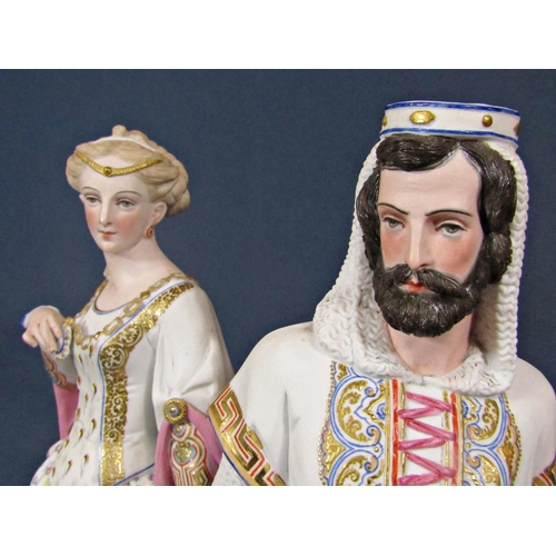 31 - A pair of 19th century continental bisque figures of medieval style male and female characters, he h... 