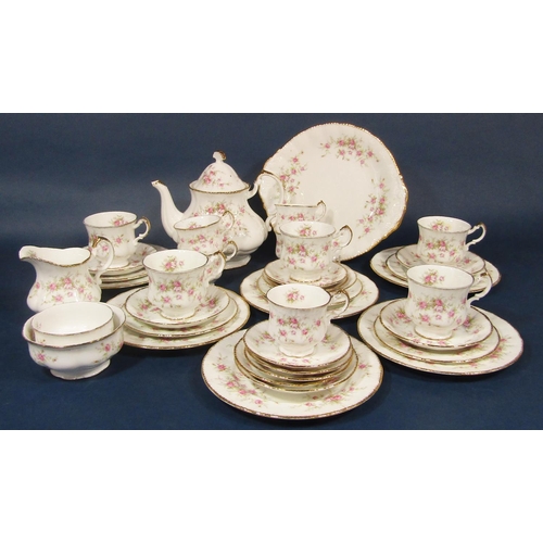 36 - A collection of Paragon Victorian Rose pattern tea wares comprising tea pot (af) cake plate, milk ju... 