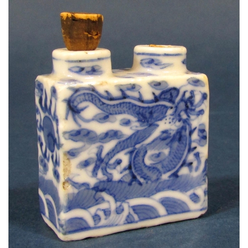 50 - A 19th century oriental blue and white twin aperture scent bottle with dragon detail, with blue pain... 