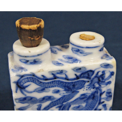 50 - A 19th century oriental blue and white twin aperture scent bottle with dragon detail, with blue pain... 