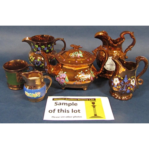 55 - A quantity of 19th century copper lustre jugs, goblets, etc, various sizes and various painted and m... 