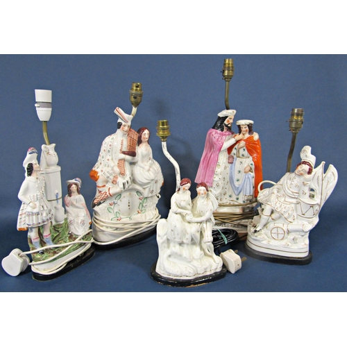 6 - A collection of five 19th century Staffordshire figure groups converted to table lamp bases includin... 