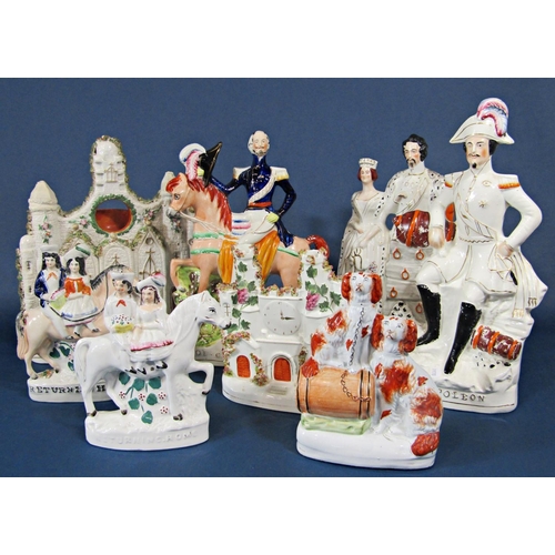 9 - A collection of 19th century Staffordshire figure groups including The Duke of Cambridge, The Queen ... 