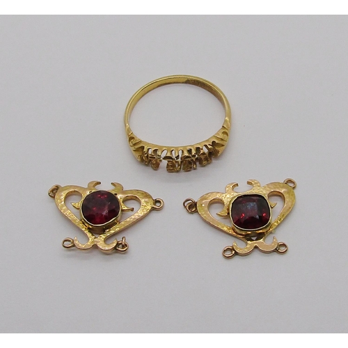 320 - 18ct ring, 2.3g (setting vacant) and a pair of Art Nouveau style yellow metal links set with vari-cu... 