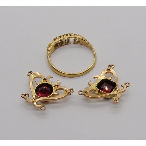 320 - 18ct ring, 2.3g (setting vacant) and a pair of Art Nouveau style yellow metal links set with vari-cu... 