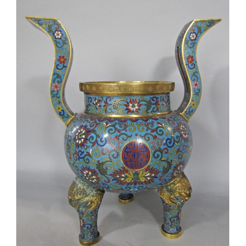 608 - A Chinese cloisonné enamelled koro incense burner with gilt lion mask detail to the feet and swept a... 
