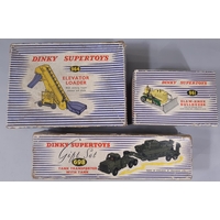 3 Dinky Supertoys in original boxes; 964 elevator Loader, 961 Blaw-Knox Bulldozer (missing tracks) and Gift Set 698 'Tank Transporter with Tank' (3)