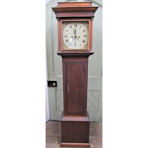 A 19th century countrymade longcase clock enclosing a square painted dial with floral spandrels and eight day striking movement