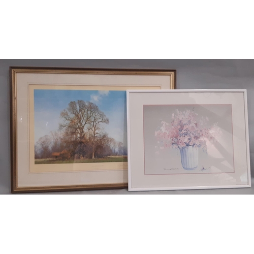 Two framed lithographic prints to include: David Shepherd O.B.E., 'Last Leaves of Autumn', signed and numbered 740/850 in pencil below, 54 x 35 cm; together with Rosalind Oesterle, 'Floral 2', signed in print, 38 x 29 cm, both framed and glazed (2)