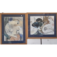 Two framed modernist drawings by the same artist - mixed media, 'Maureen Los Angeles '87' and 'Independent Vision of the Festival '87', indistinctly signed on one, both approx. 50 x 63 cm, matching mounts, frames and glazed (2)