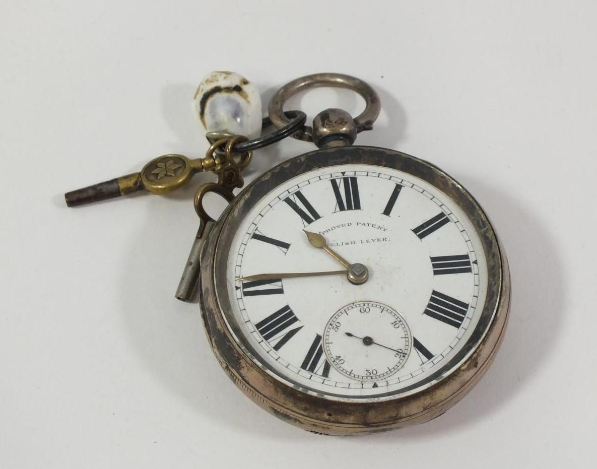 ANTIQUE STERLING SILVER ENGLISH LEVER POCKET WATCH WITH TWO KEYS