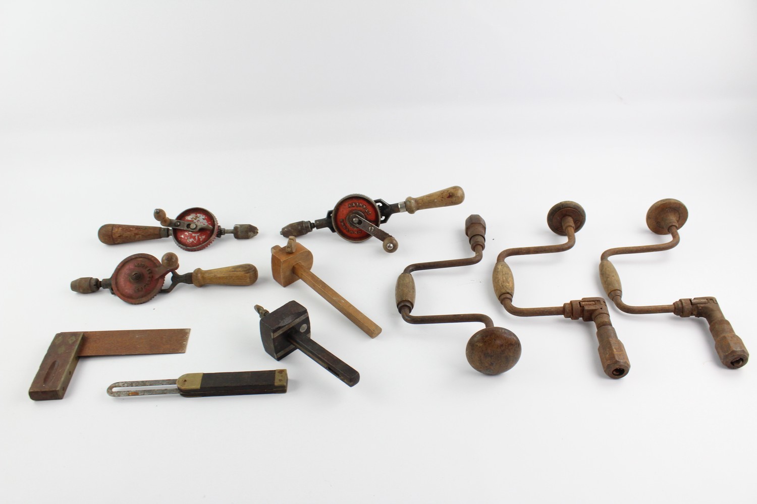 10 x Vintage JOINERS TOOLS Inc Drill, Set Square, Stanley Etc