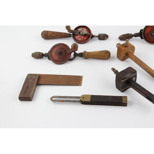 10 x Vintage JOINERS TOOLS Inc Drill, Set Square, Stanley Etc