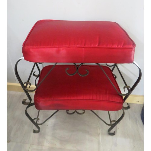 370 - PAIR OF WROUGHT IRON RED SATIN FOOTSTOOLS