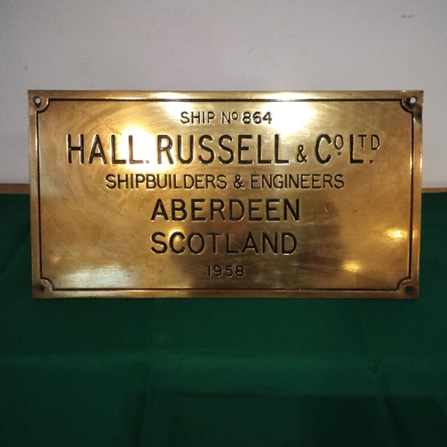 HALL RUSSELL AND CO LTD BRASS SHIPS PLATE NUMBER 864 NOW SCRAPPED 
APPROX 48 X 26. VERY RARE