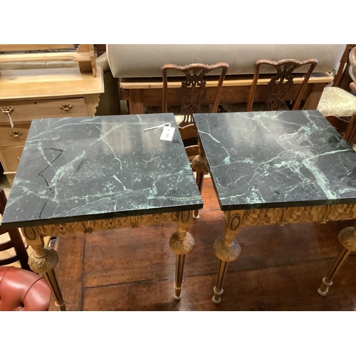 1046 - A pair of square giltwood side tables with variegated black marble tops, width 45cm, height 49cm... 
