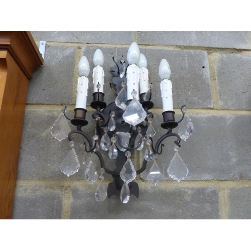 1017 - A set of six painted metal five branch wall lights, faceted glass drops, height 46cm