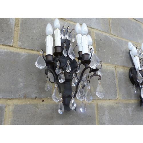 1017 - A set of six painted metal five branch wall lights, faceted glass drops, height 46cm