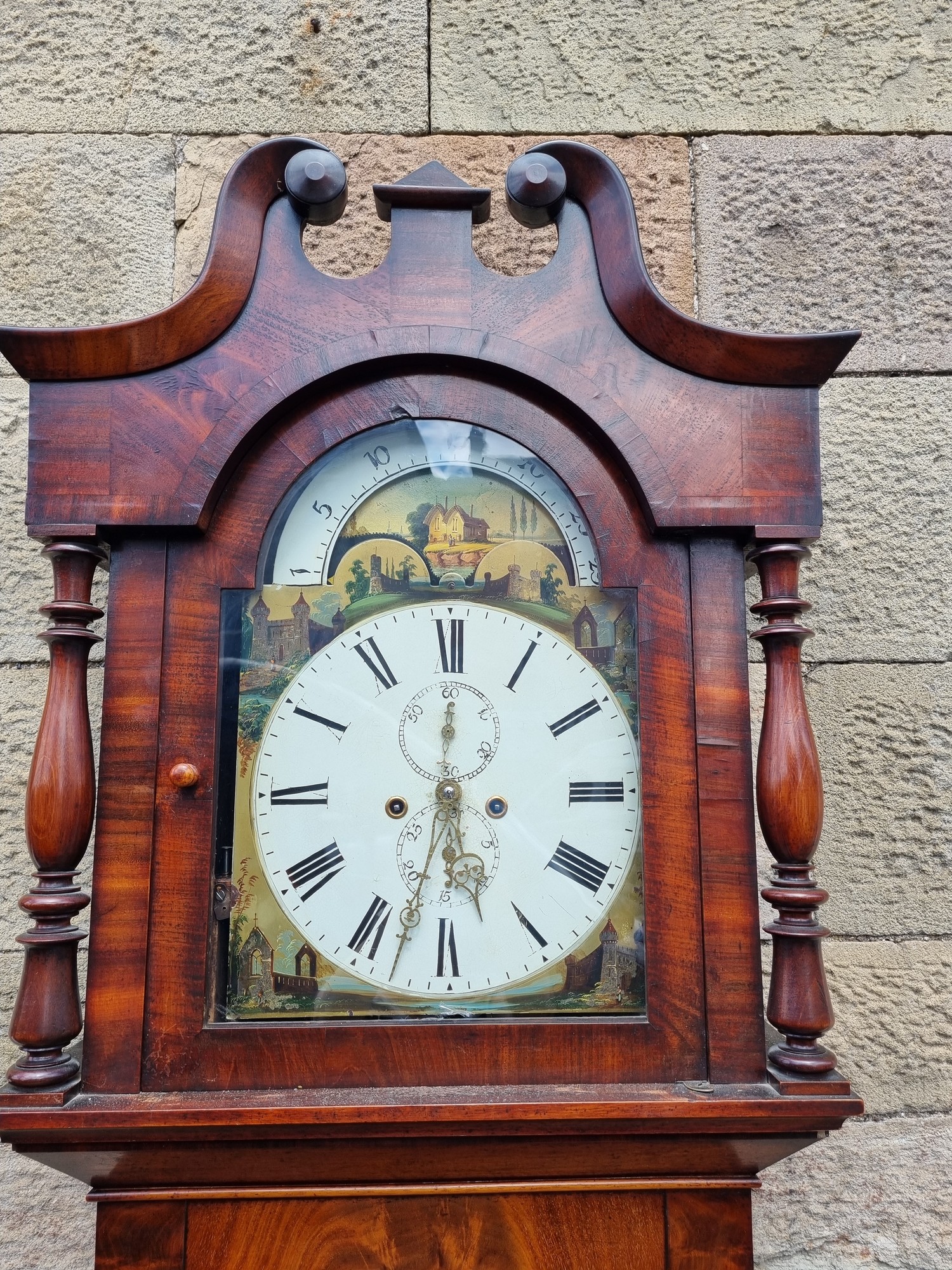 Mahogany Long Case Grandfather Clock with Rolling Moon Face