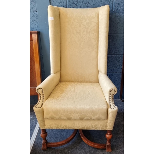 Late Victorian Jacobean Wingback Library Chair, cream damask... Barnebys