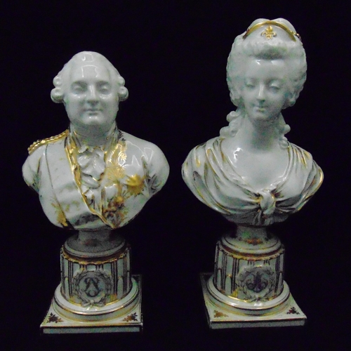 153 - Marie Antoinette and Louis XVI Sevres porcelain busts on raised mounted plinth, marks to the base, 3... 