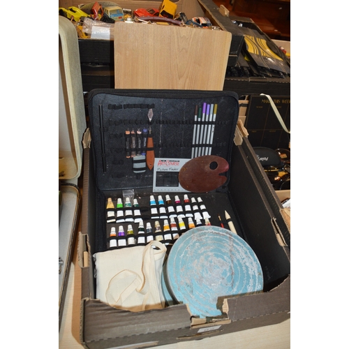 Box of artists items, paints, easel, etc