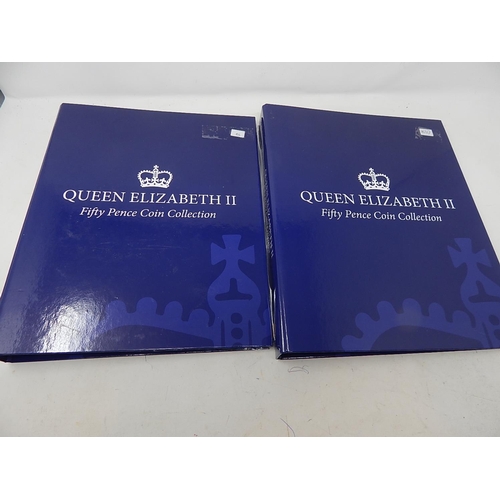 QEII Fifty Pence collection albums sparsely filled with 18 x 50p carded coins all about Brilliant Uncirculated housed in 2 albums