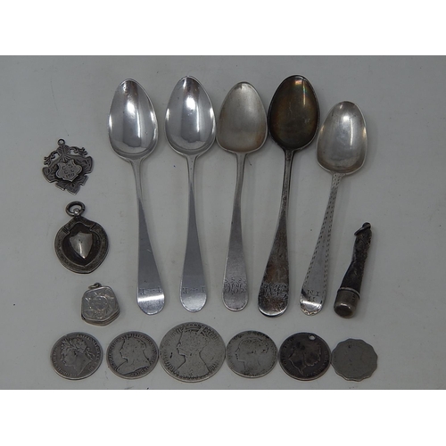 Quantity of Hallmarked Silver & Coinage to Include 4 x George III Silver Teaspoons 1791, 1799, 1800 together with silver fobs etc