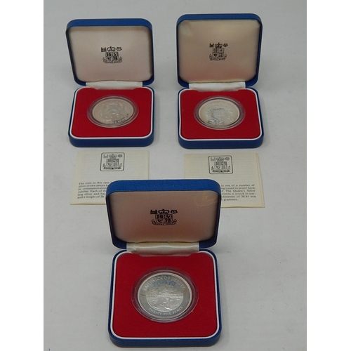 37 - Proof Silver Crowns 1977 x 3 all in Royal Mint boxes of issue, about as struck