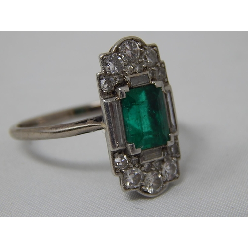 170 - Art Deco Platinum Ring c.1930 Inset with a Central Columbian Emerald Measuring 7mm x 5mm within a bo... 