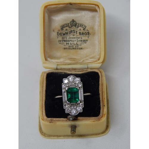 170 - Art Deco Platinum Ring c.1930 Inset with a Central Columbian Emerald Measuring 7mm x 5mm within a bo... 