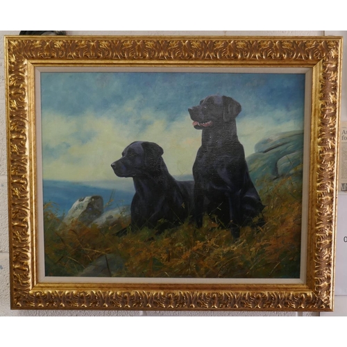 John Tricket - Oil Painting of Black Labradors in gilt frame (Image size: 74cm x 58cm)