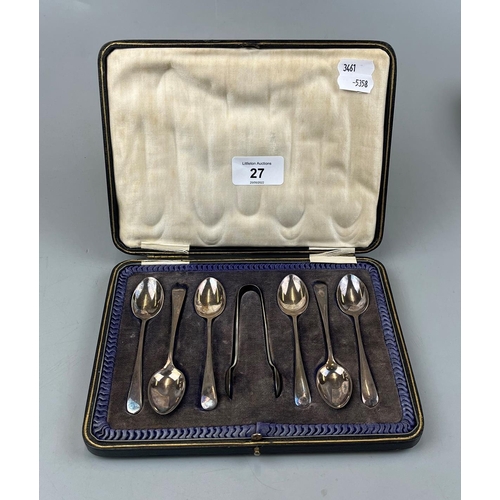 27 - Cased set of silver spoons with tongs