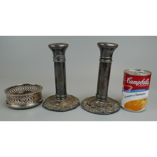 1 - Pair of hallmarked silver candlesticks A/F together with a silver plate Champagne coaster