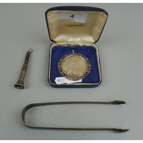 4 - Hallmarked silver cigar cutter, sugar tongs and Marie Therese silver coin pendant