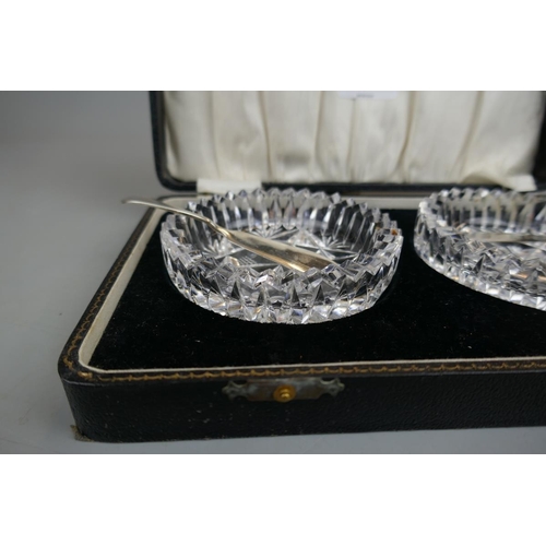 9 - Cased condiment set 2 glass bowls with 2 hallmarked silver knives